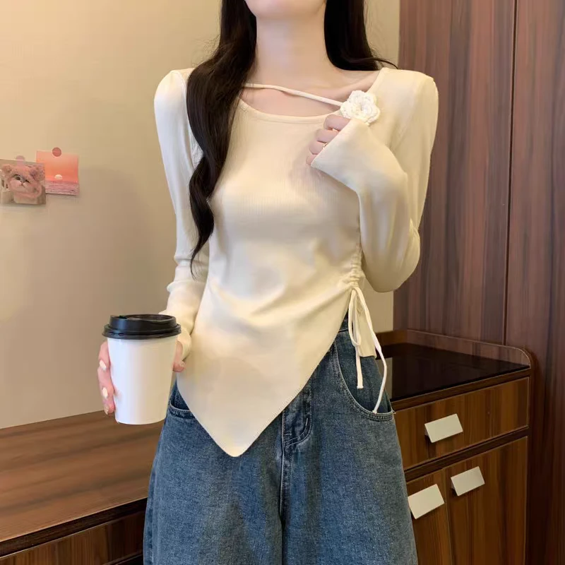 法式一字肩立体花朵不规则T恤修身显瘦上衣春秋季气质针织设计感
