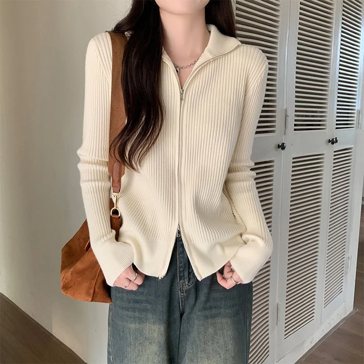 双拉链针织开衫毛衣外套女秋冬新款百搭气质加厚大码保暖打底上衣