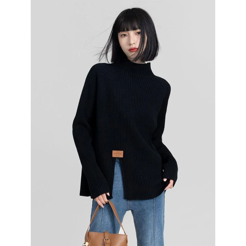 大码女装针织打底衫开衫半高领设计感胖mm气质百搭打底毛衣上衣女