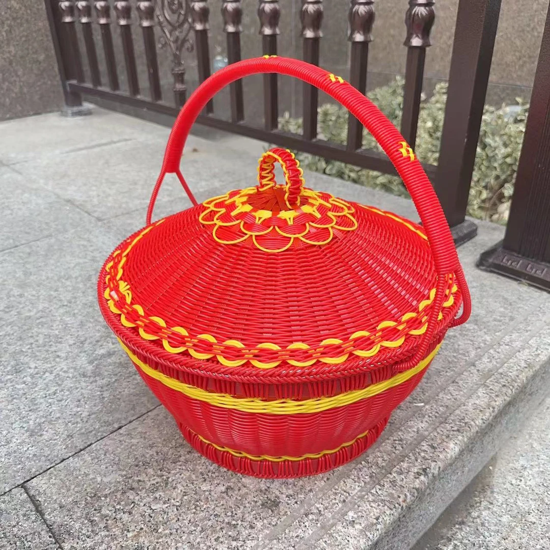 喜事提篮塑料圆形带盖花篮超市购物篮礼品篮乔迁新居嫁妆收纳篮
