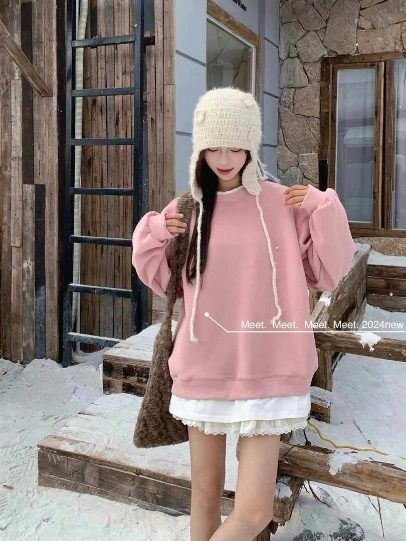 粉丝福利冬季加绒加厚大版圆领拼接假两件圆领卫衣8602