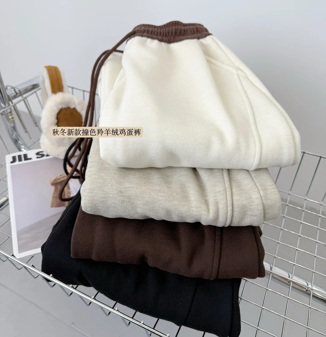 加绒加厚韩版撞色拼接腰头休闲裤秋冬新款宽松显瘦阔腿鸡蛋裤