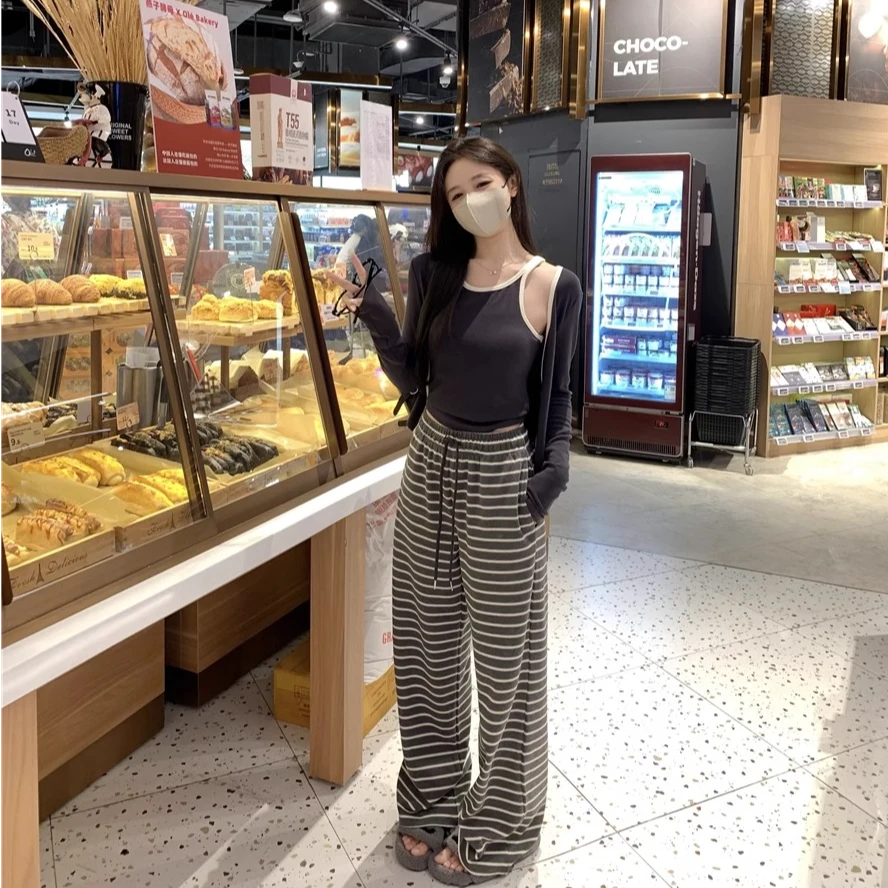 休闲套装女长袖开衫外套吊带背心秋季新款条纹阔腿裤慵懒三件套07