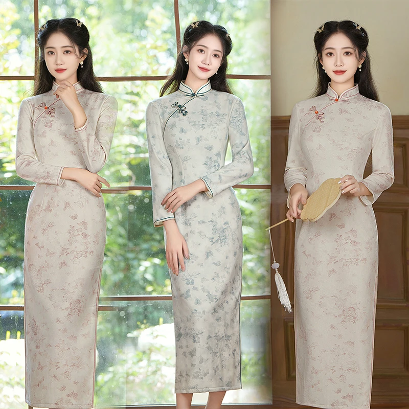 D59凤飞翼/M-4XL新中式2024改良旗袍长裙秋冬季蝴蝶提花气质减龄