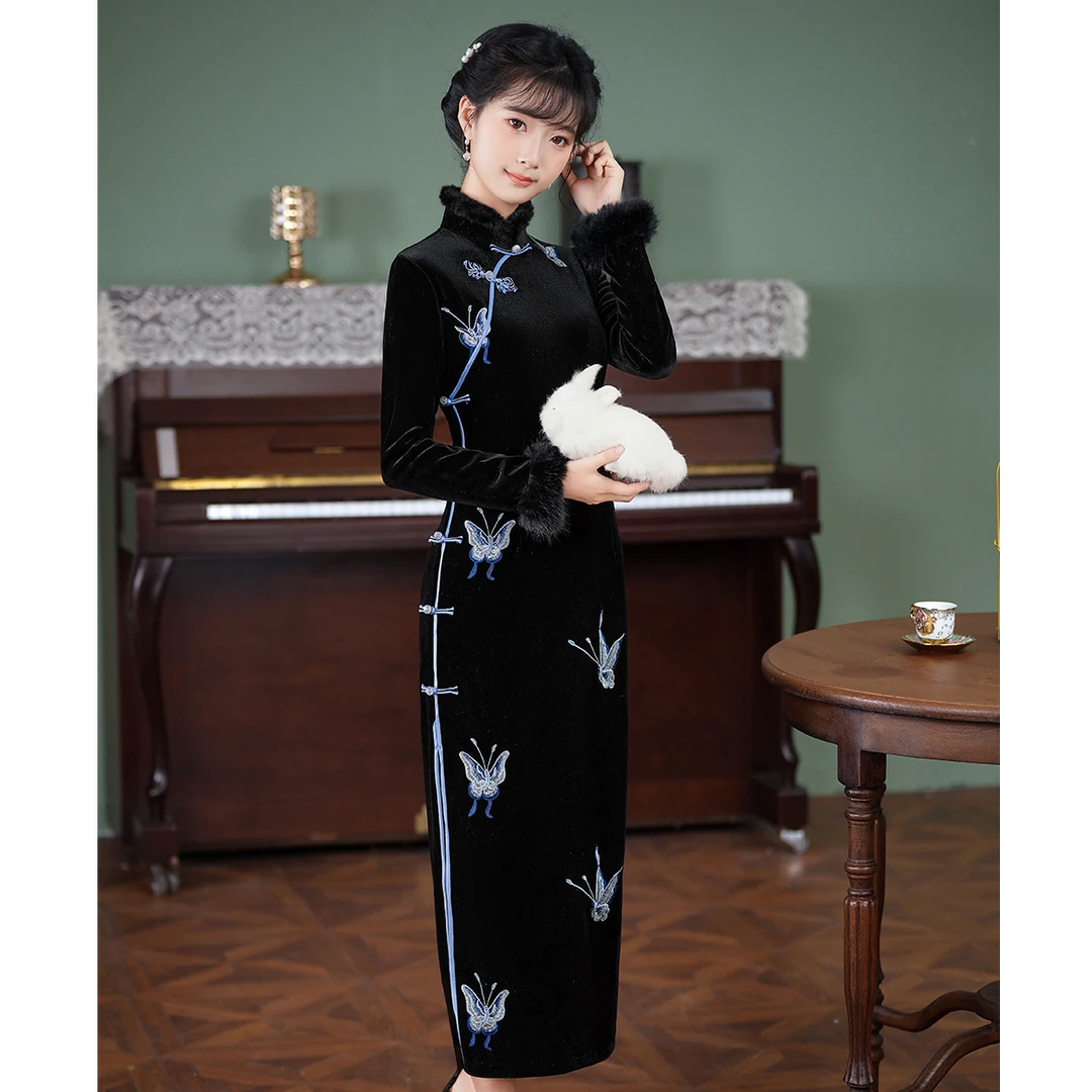 蝶舞翩翩/M-4XL 冬季2024新款加绒复古国风气质优雅新中式旗袍