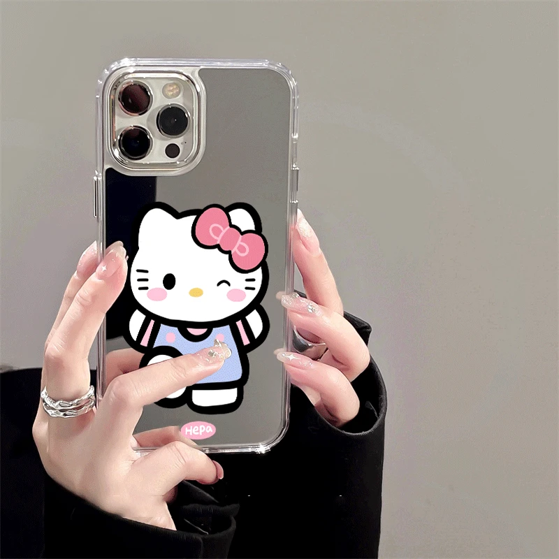 新款可爱凯蒂猫适用苹果镜面手机壳小众15带镜子14防摔13保护套16