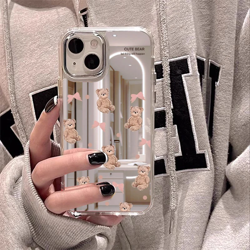 公仔小熊苹果15Promax镜面手机壳14苹果13防摔12化妆镜11闺蜜16