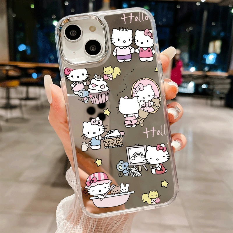 镜面kt猫15适用苹果14女款13promax手机壳女可爱11新款xr/xs镜子k