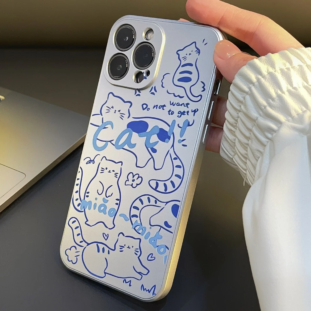 蓝色小猫iphone15promax适用苹果手机壳14可爱13小众新卡通电镀银