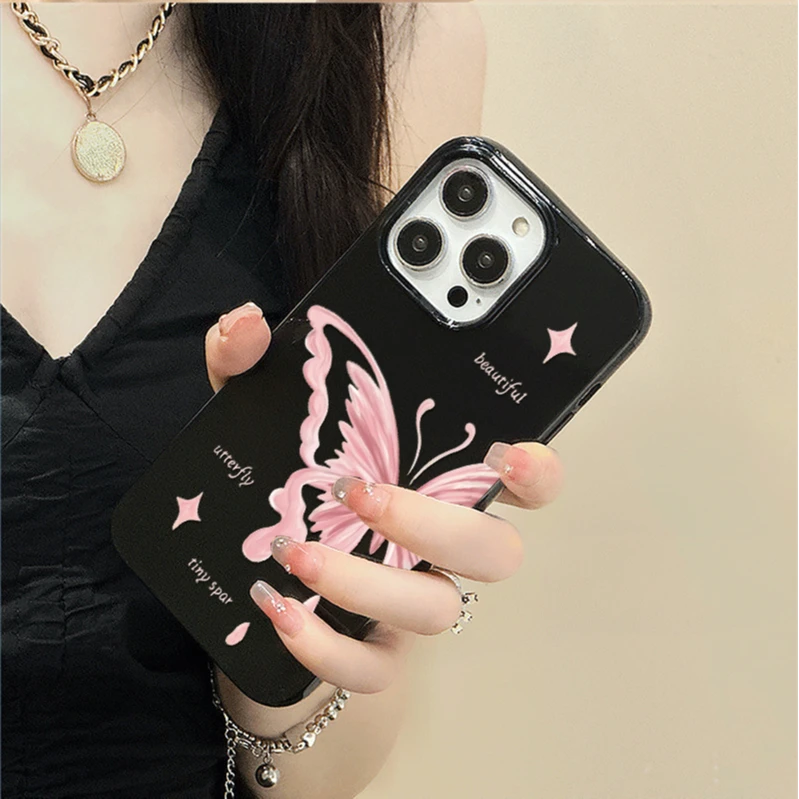甜酷辣妹粉蝴蝶适用苹果手机壳iphone15创意14可爱13promax防摔新