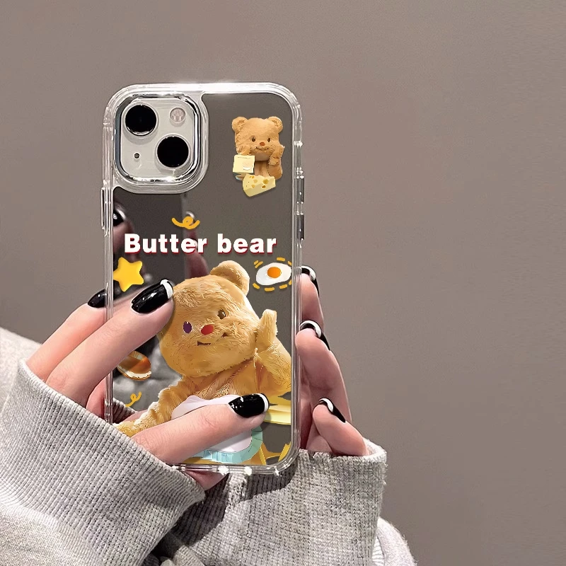 黄油小熊适用苹果镜面手机壳15镜子套14小众13新款16高档外壳包邮
