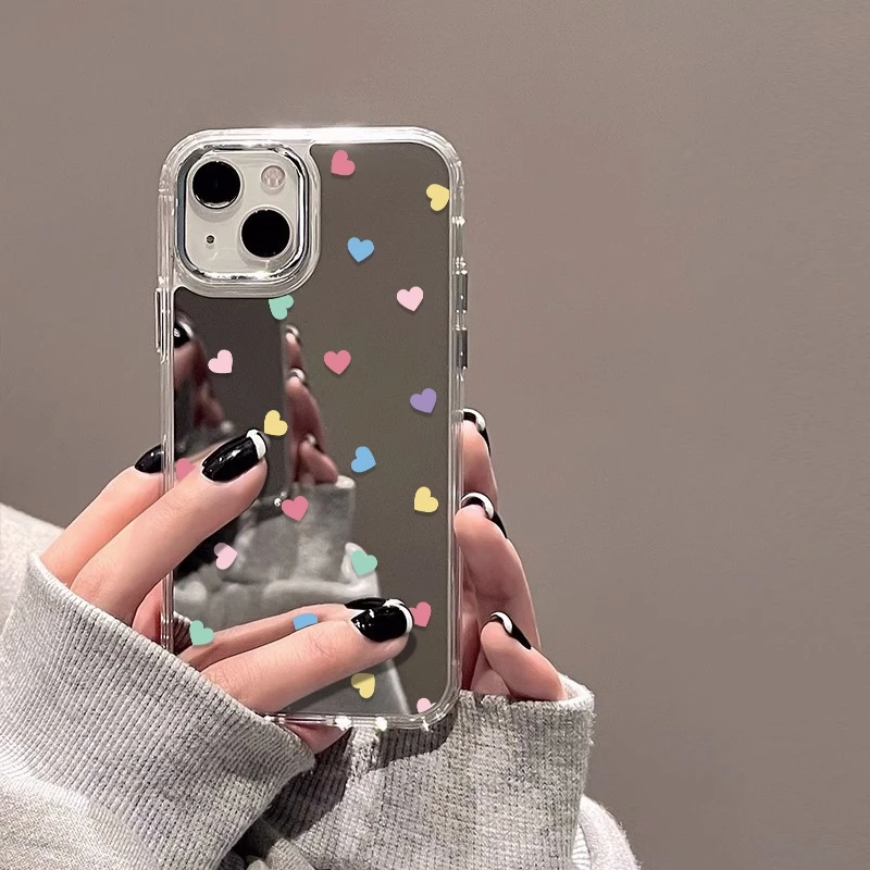 高颜值爱心适用苹果镜面手机壳15promax创意14新款13镜子16外壳11