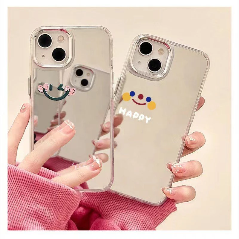 简约笑脸苹果镜面手机壳iphonexr外壳15plus新款14promax保护套13