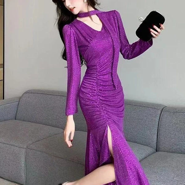 F03气质V领飘带高级感连衣裙女修身褶皱显瘦开叉包臀亮片鱼尾长裙