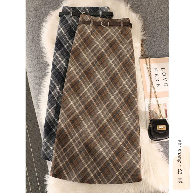 格子毛呢半身裙女秋冬2024新款小个子中长款高腰包臀a字开叉裙子