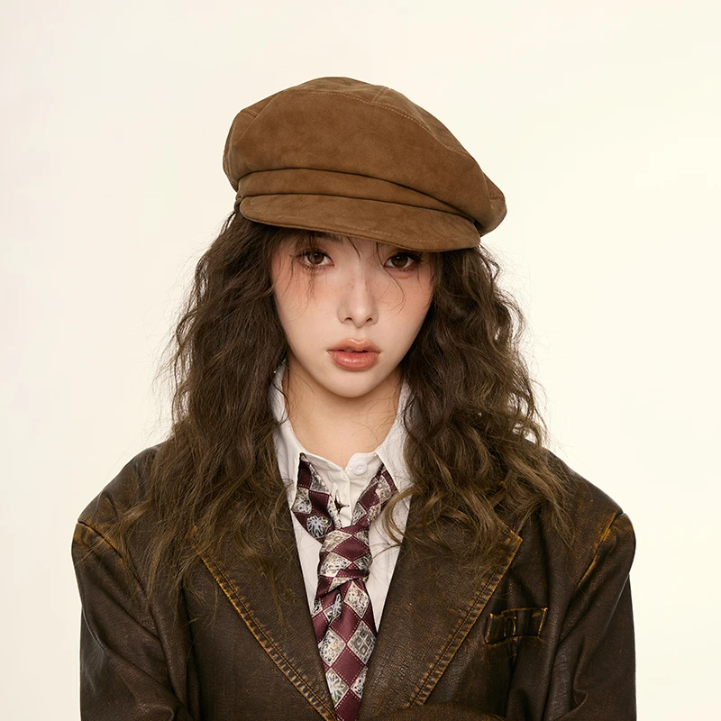 美式复古棕色贝雷帽子女春秋美拉德穿搭咖啡色冬季休闲八角画家帽