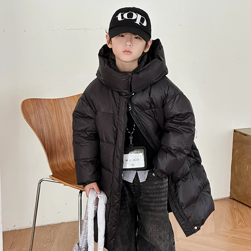 沐言家&男孩男款加厚长款黑金白鸭绒羽绒服外套90白鸭绒中长款