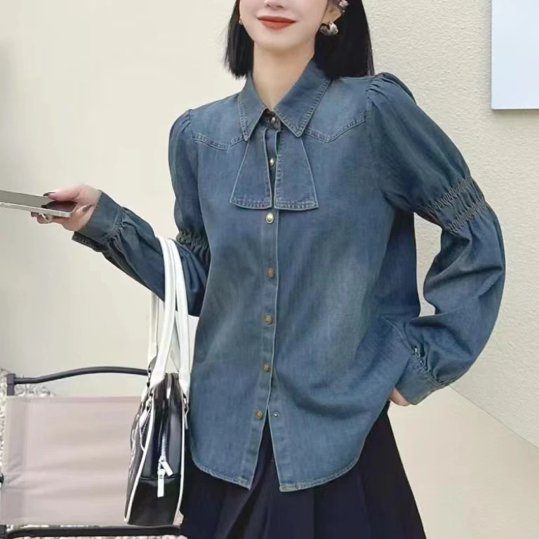 玲家服饰8802款号蝴蝶结牛仔衬衫