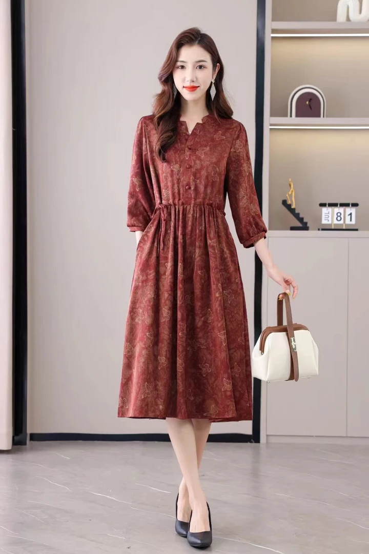 3812 流金蝴蝶收腰显瘦女人味连衣裙新中式