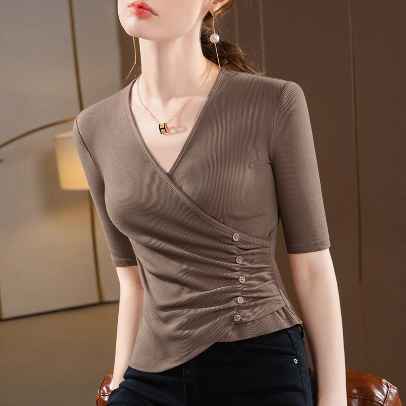交叉v领中袖t恤女夏季螺纹褶皱小衫法式设计感小众不规则收腰上衣