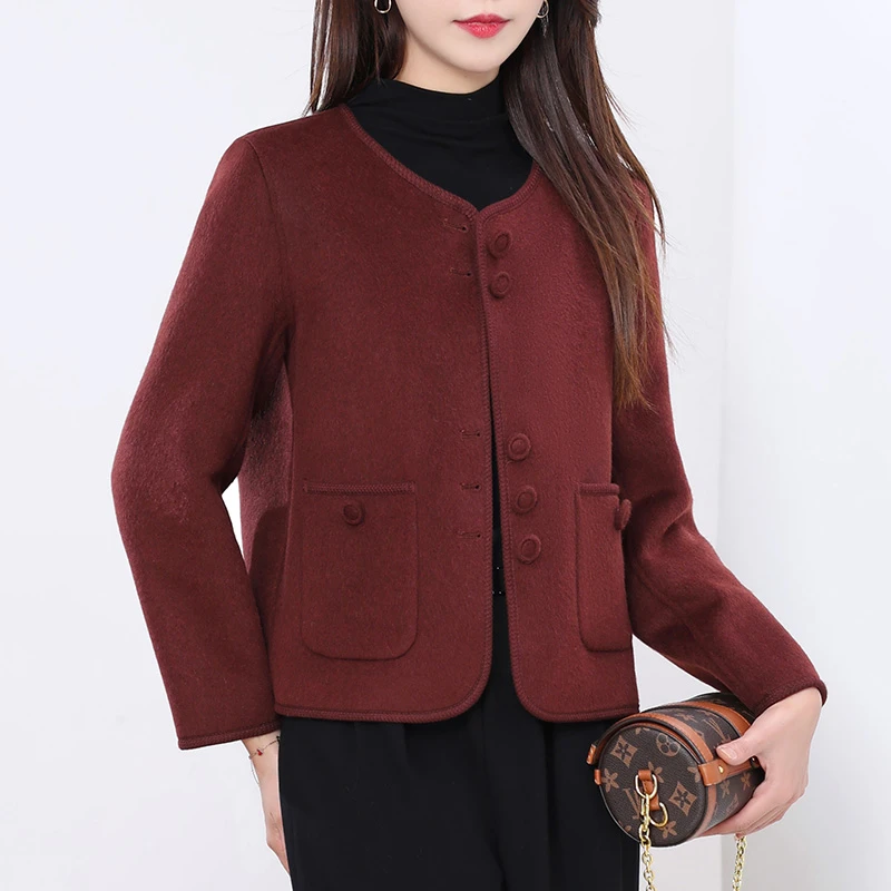 时尚双面羊毛呢小外套女2024年短款高端大牌优雅简约圆领上衣