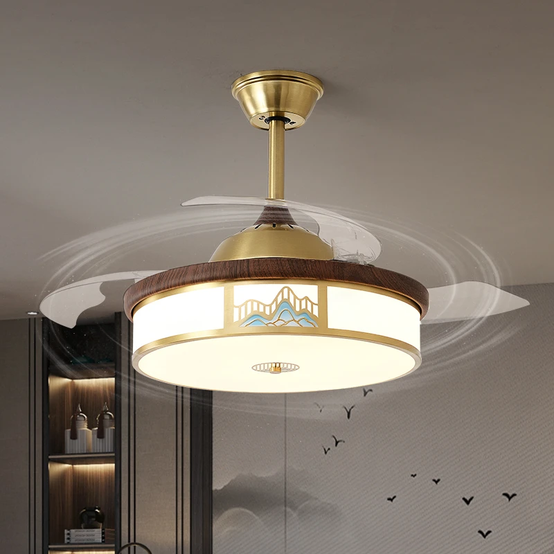 新中式隐形风扇灯实木客厅禅意风扇吊灯餐厅卧室全光谱隐形风扇灯