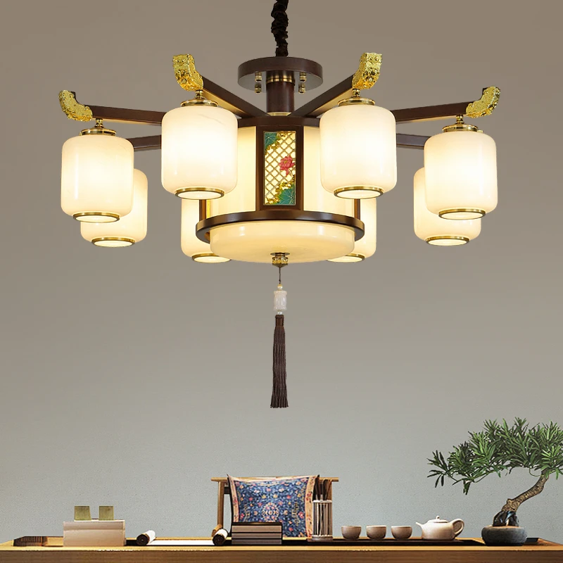 新中式全铜客厅吊灯别墅客厅灯实木中国风餐厅灯卧室创意禅意吊灯