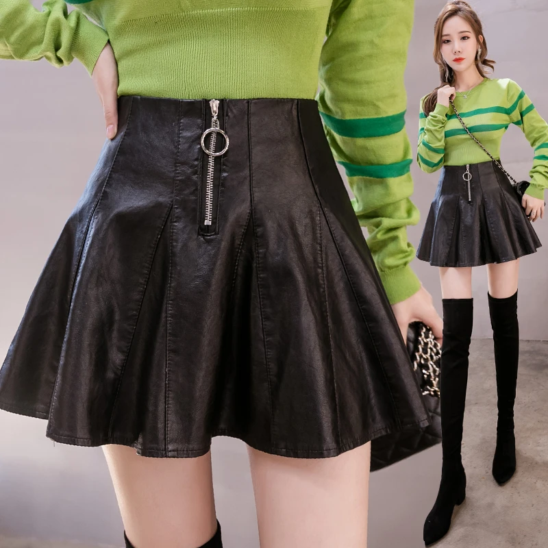 新款水洗PU小皮裙短裙秋冬韩版高腰大摆黑色A字仙女半身裙伞裙女