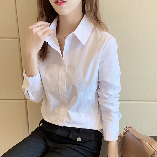 纯棉白色衬衫女显瘦春秋职业装时尚百搭上衣长袖衬衣通勤打底衫