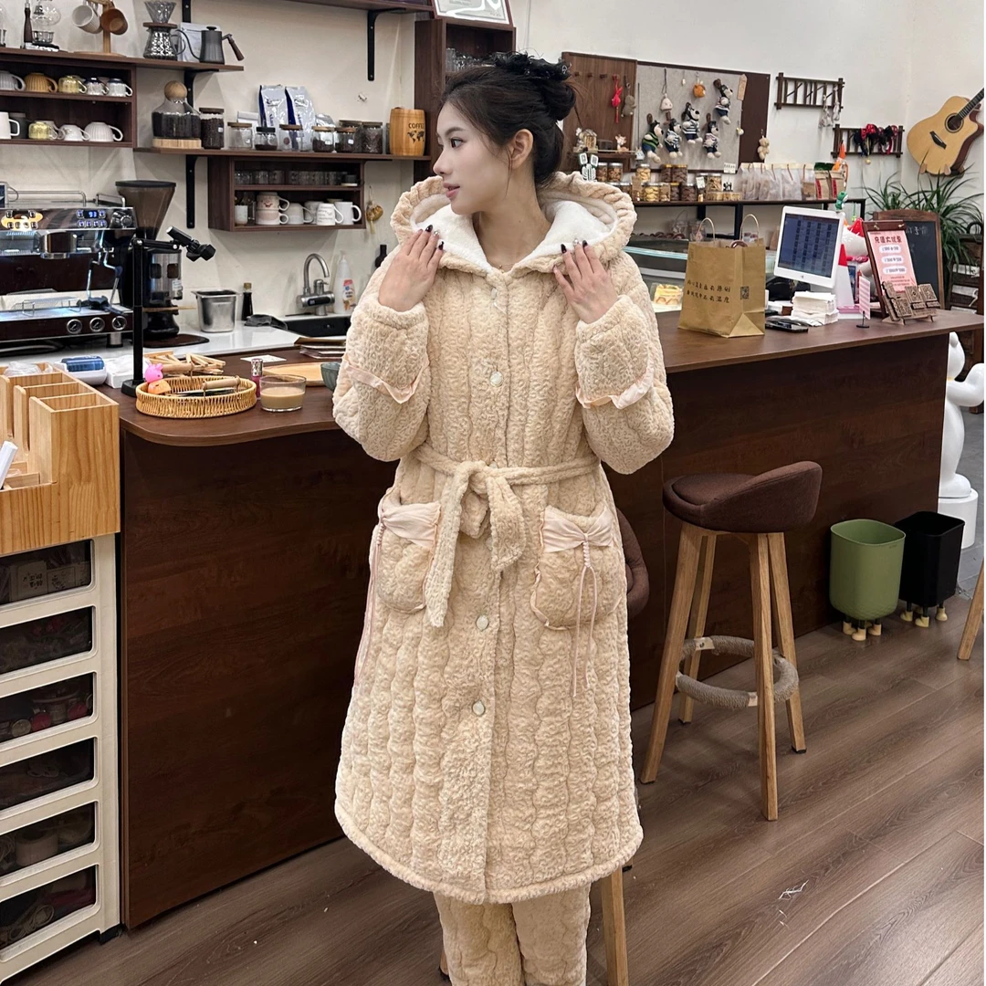 【熙朵】长款休闲三层加厚加绒夹棉超厚睡衣柔软保暖家居服