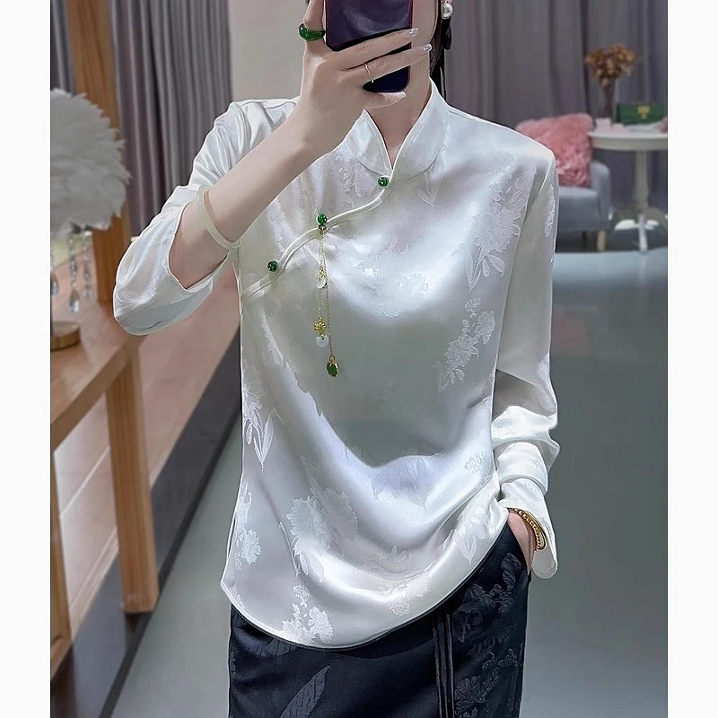 高端新中式女装2024秋秋新款醋酸提花上衣女气质显瘦内搭衬衫百搭