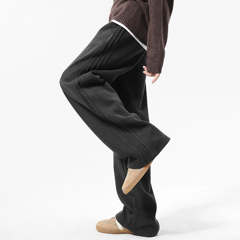 美式休闲裤男款秋冬季加绒加厚宽松直筒阔腿卫裤复古潮牌运动裤子