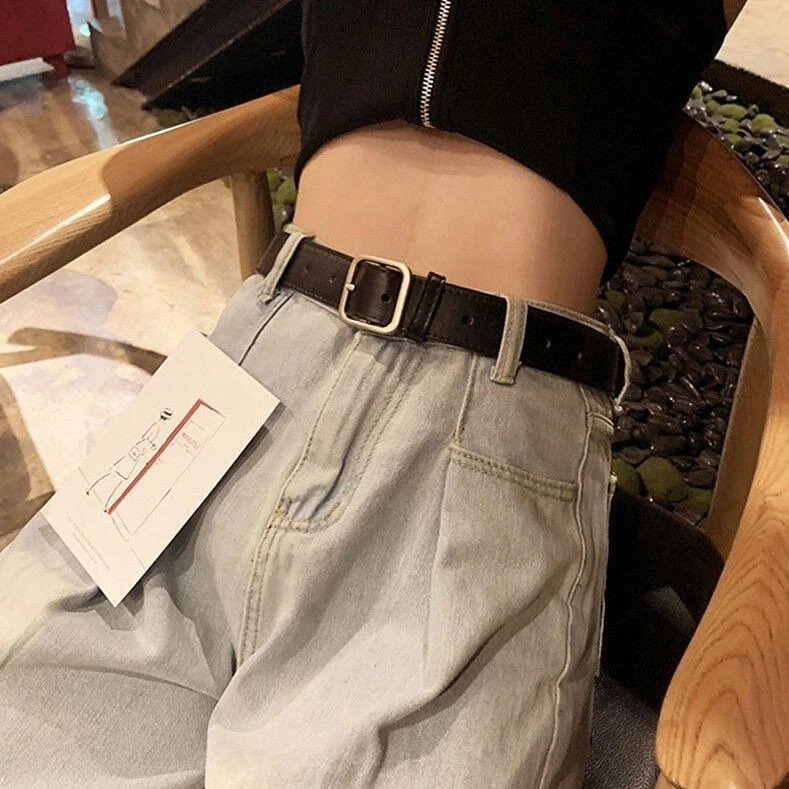 韩版女士皮带女生复古简约百搭方形扣头PU皮港风腰带女款