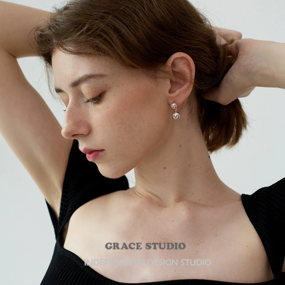 铜合金项链 欧美LIE小众设计小银球吊坠耳环高级感耳饰耳钉女