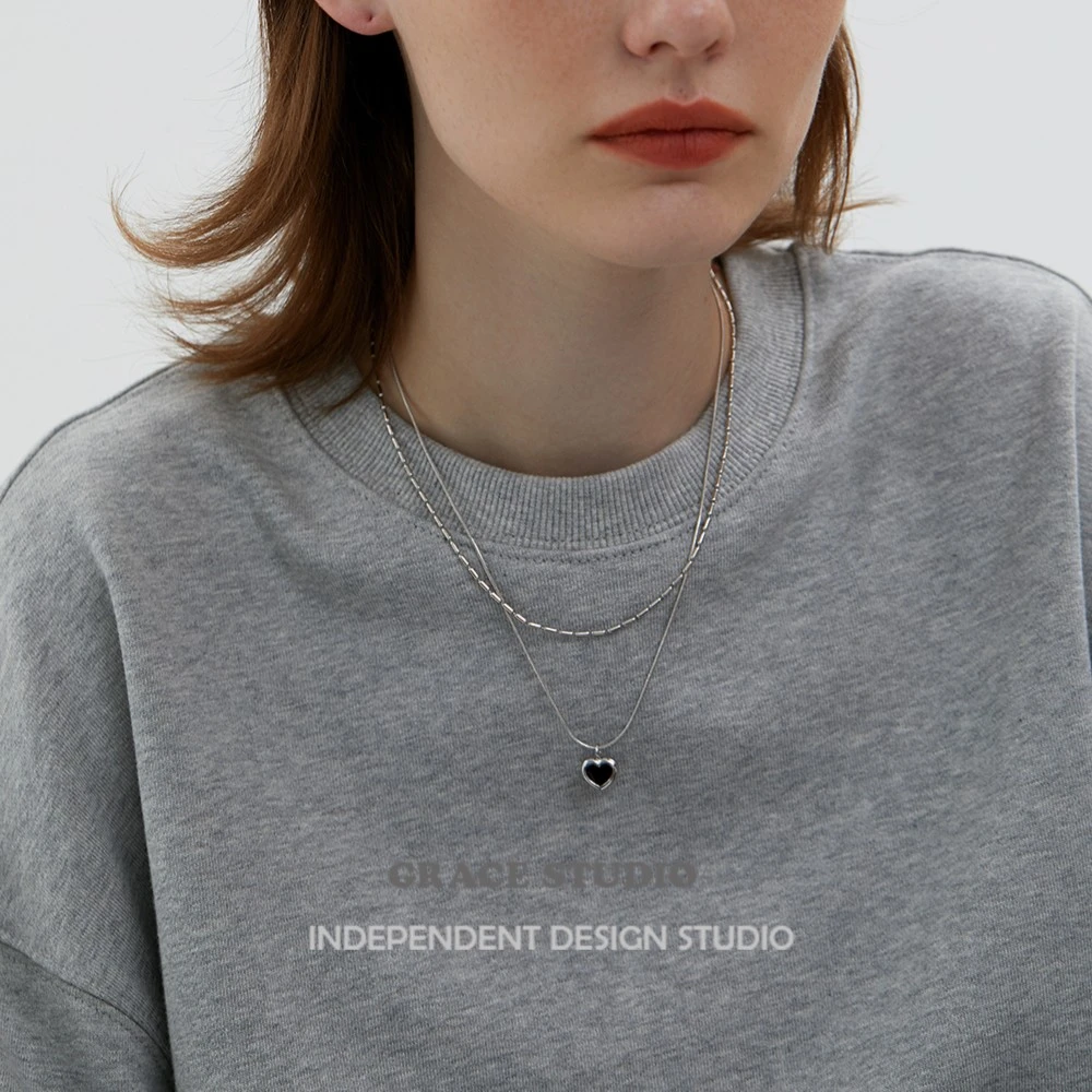 铜合金珐琅吊坠  黑色滴釉爱心双层叠戴项链新潮款设计感毛衣链