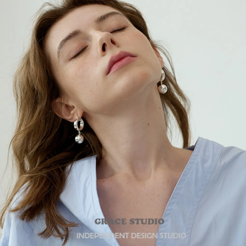 铜合金耳饰 小众设计小球吊坠耳圈欧美风夸张高级感金属耳环女