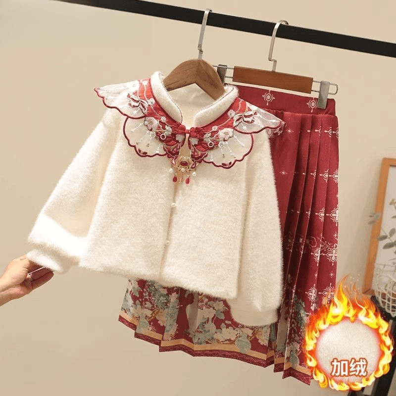 ZY女童套装马面2024新款冬装儿童加绒外套中国汉服裙子两件套