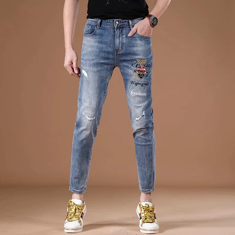 Cebrodz高端男士男款九分牛仔裤蓝色破洞印花时尚修身小脚裤子