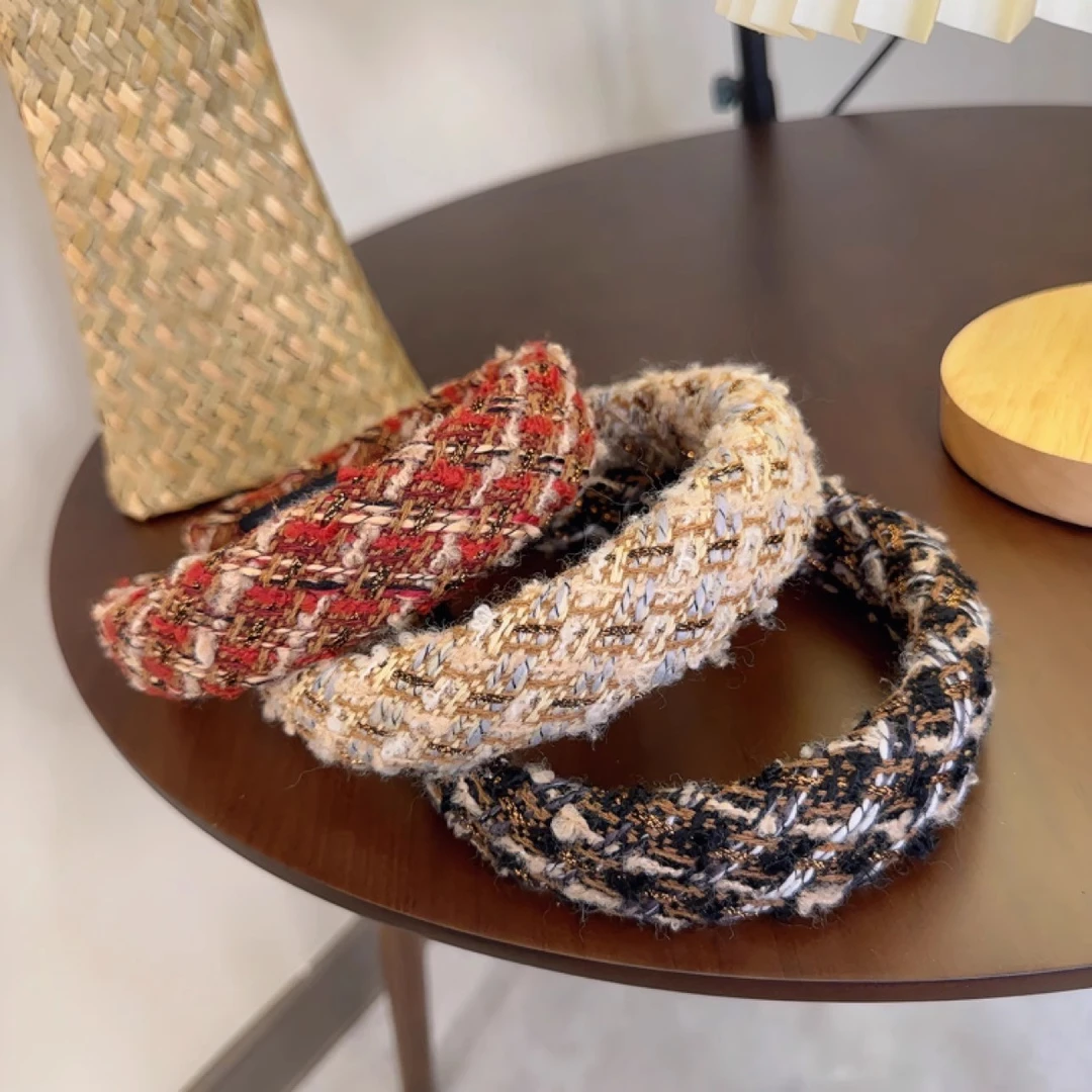 小香风编织头箍时尚少女粗花尼发箍简约高颅顶毛绒发卡复古头饰