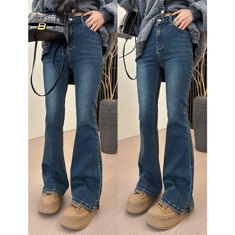 YIYISTUDIO 弹力高腰微喇牛仔裤女冬显瘦开叉马蹄裤 YYP91162