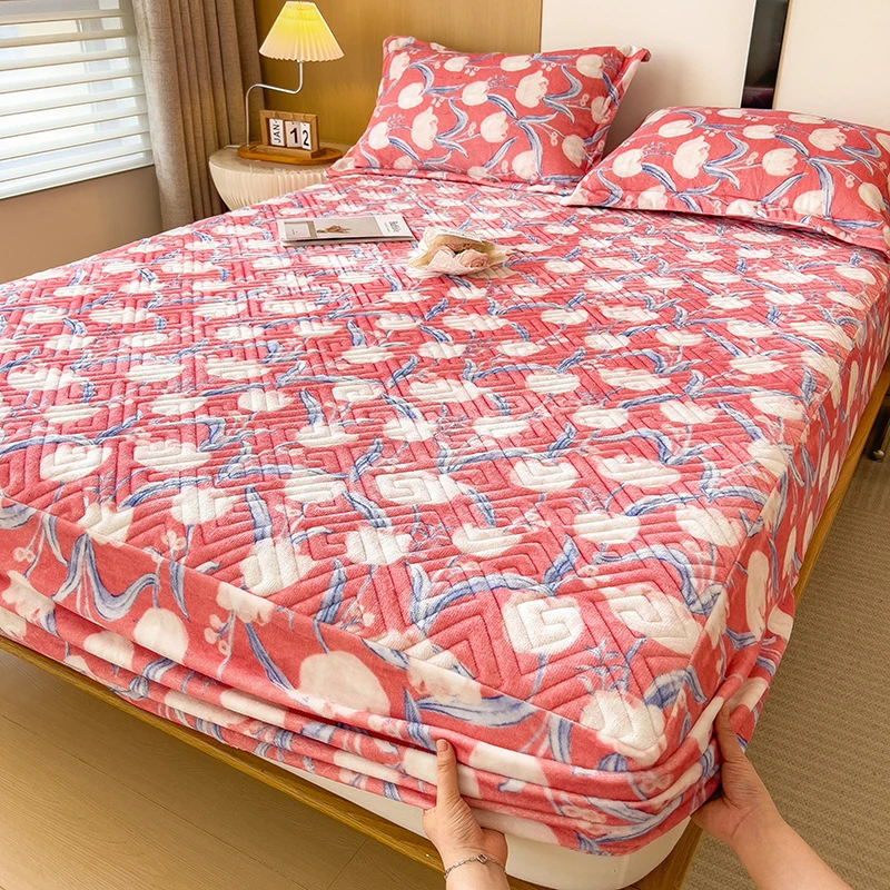 A类牛奶绒夹棉床笠罩冬季加绒加厚保暖床垫保护套全包防滑床单罩