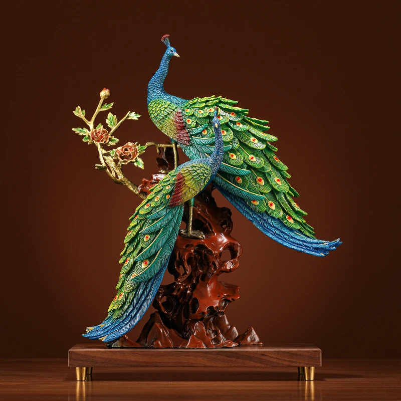 富贵双全孔雀摆件黄铜工艺品家居玄关客厅摆设品乔迁开业结婚礼品