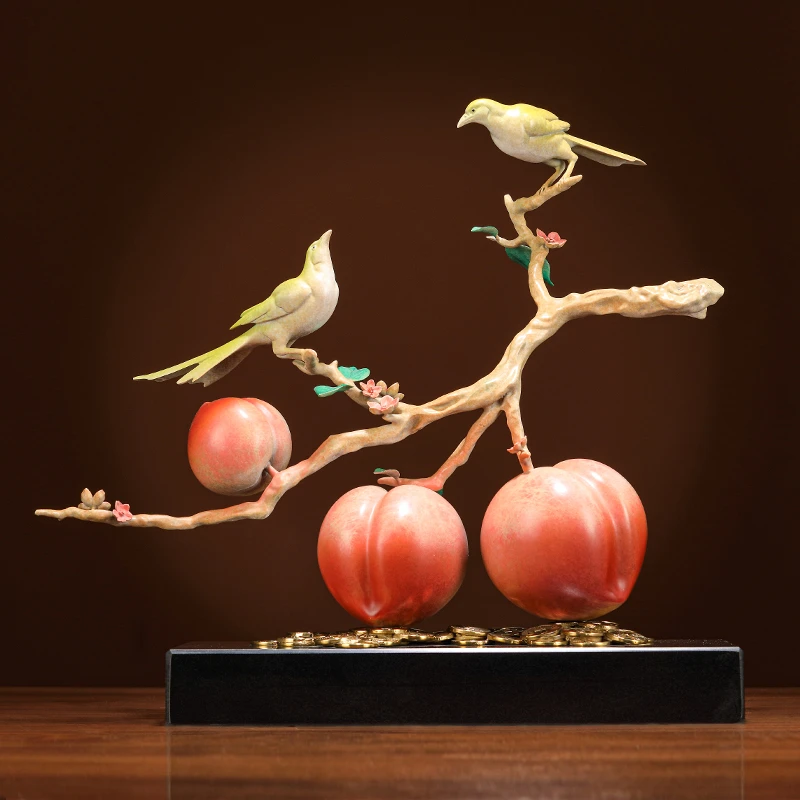 福寿双喜寿桃摆件黄铜工艺品新中式客厅酒柜装饰贺寿生日乔迁礼品