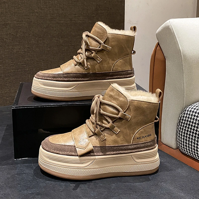 万达撤柜头层牛皮增高雪地靴女2025年春季防滑防水马丁短靴大单鞋