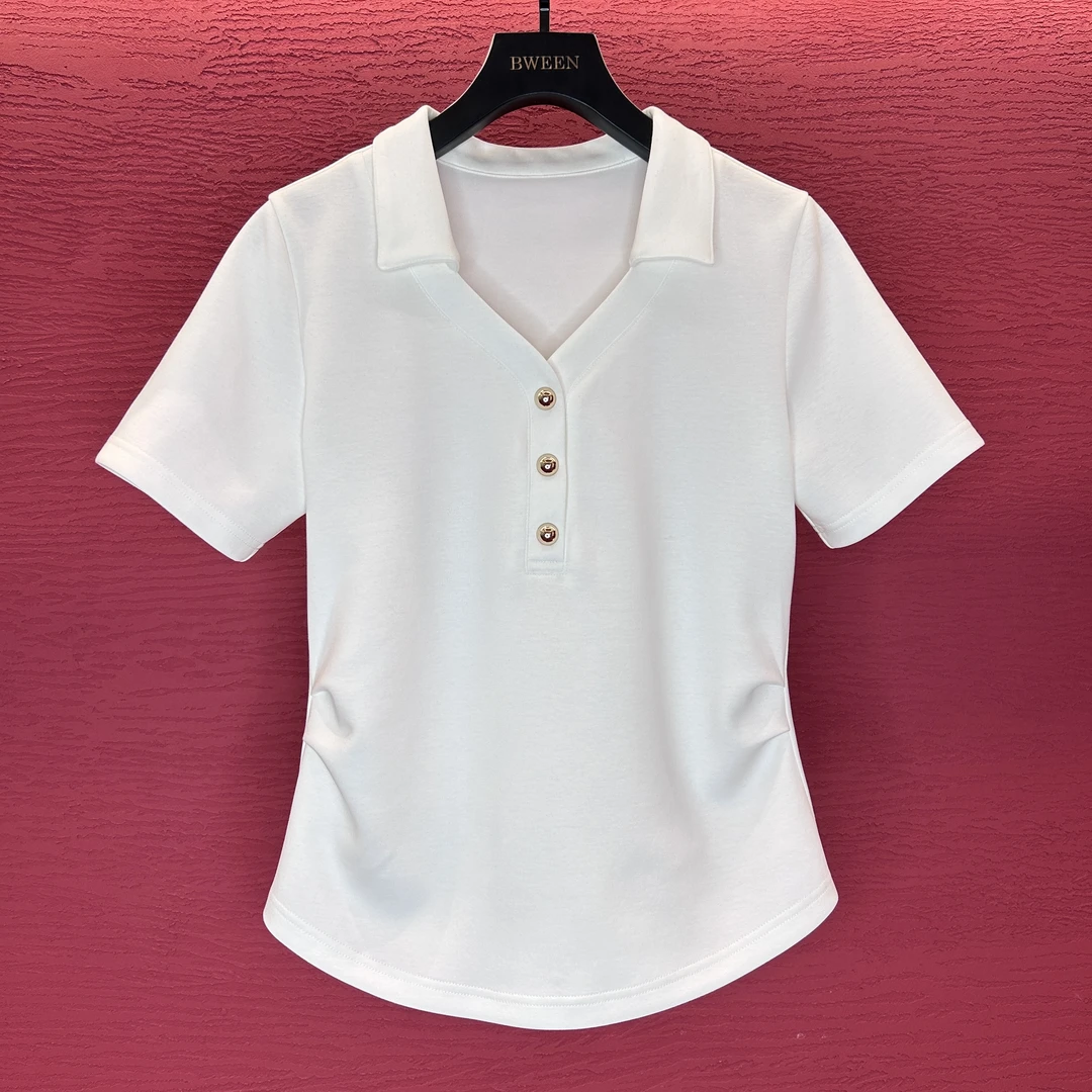 【QPOLO领设计衫】25年夏季新款小V领收腰女士时尚百搭短袖T恤休闲