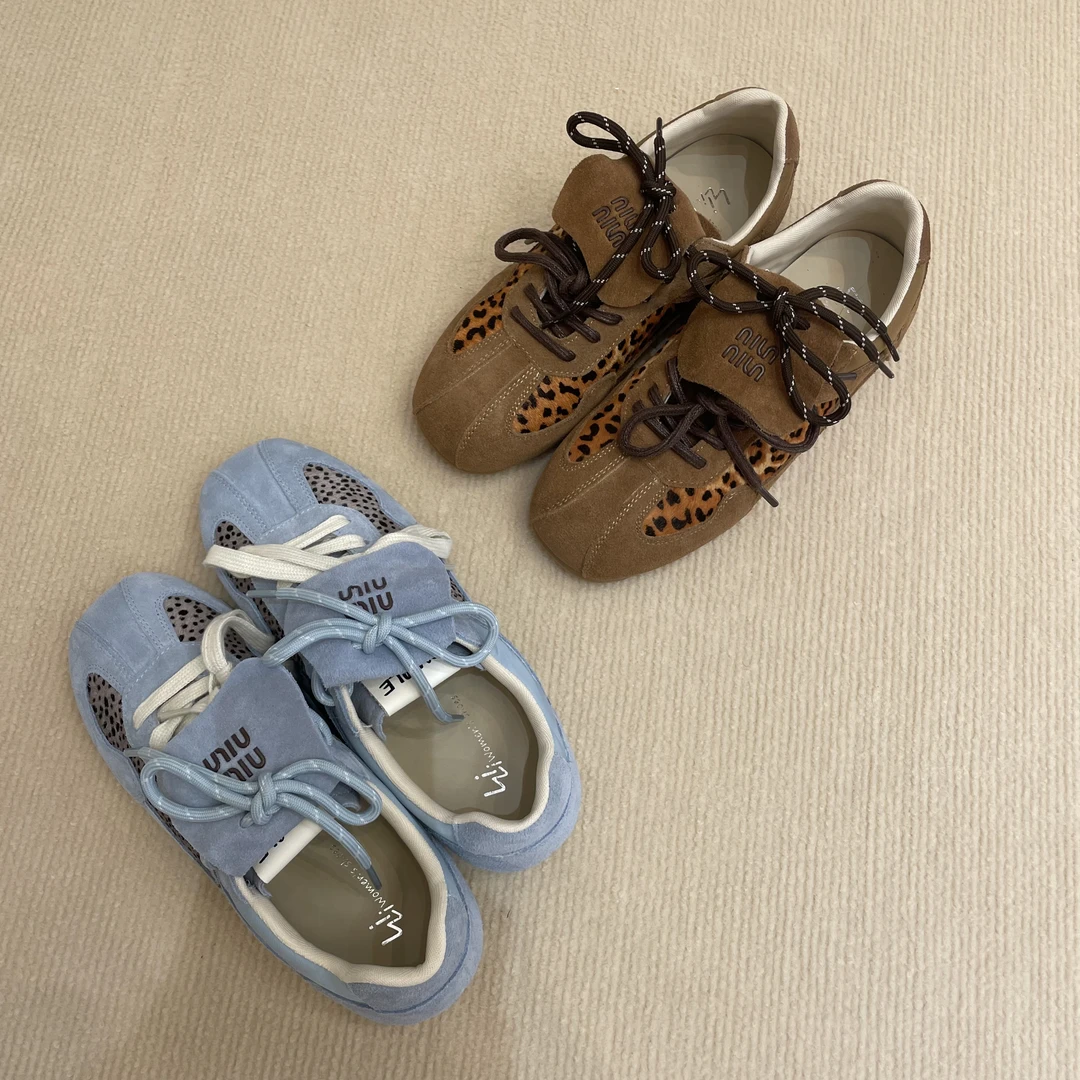 豹纹德训鞋复古牛皮马毛内增高真皮板鞋女2024秋季新款阿甘运动