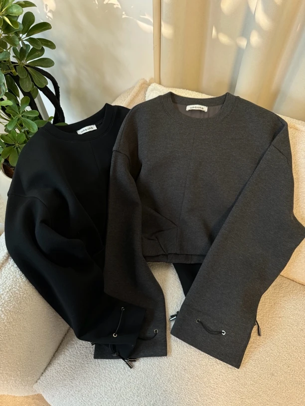 23329秋冬下摆褶皱短款抽绳显瘦卫衣