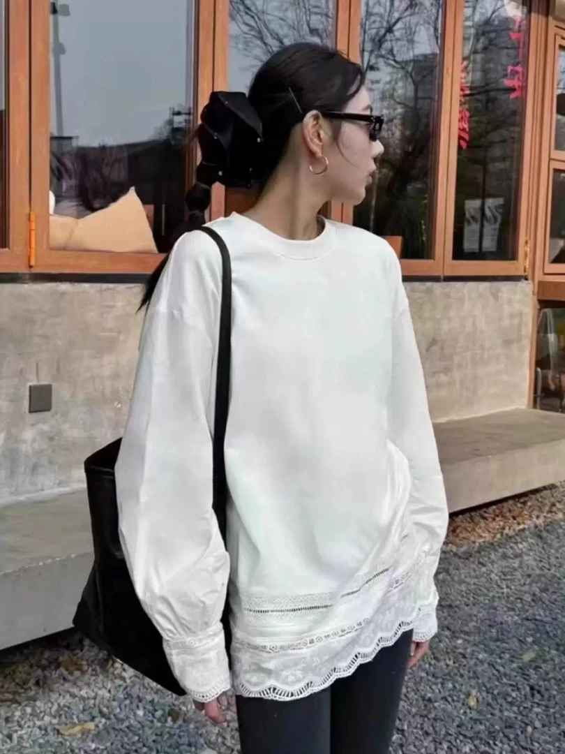杨老板定制款下摆蕾丝拼接基础款设计感打底T恤