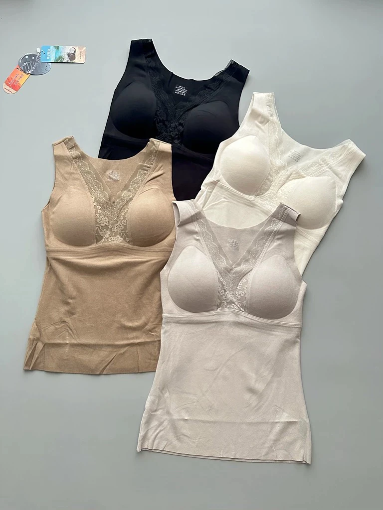 6023杨老板精选蕾丝V领磨毛发热胸垫一体保暖背心