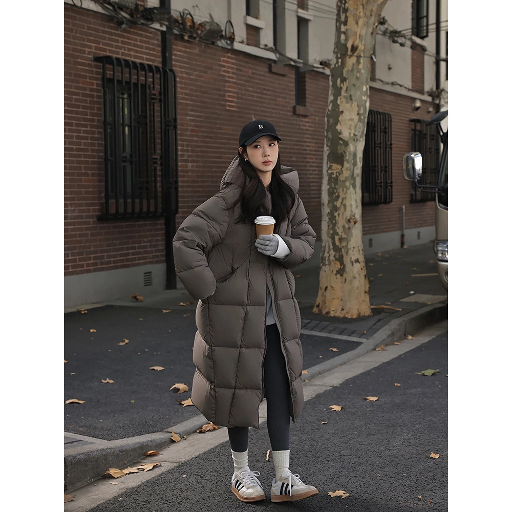 张贝贝ibell【省钱风】冬白鸭绒长款过膝羽绒服保暖连帽加厚外套